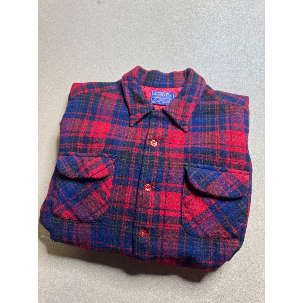 Vintage Pendleton board Wool Shirt Jacket Mens Large Red Blue Plaid‎ Flannel